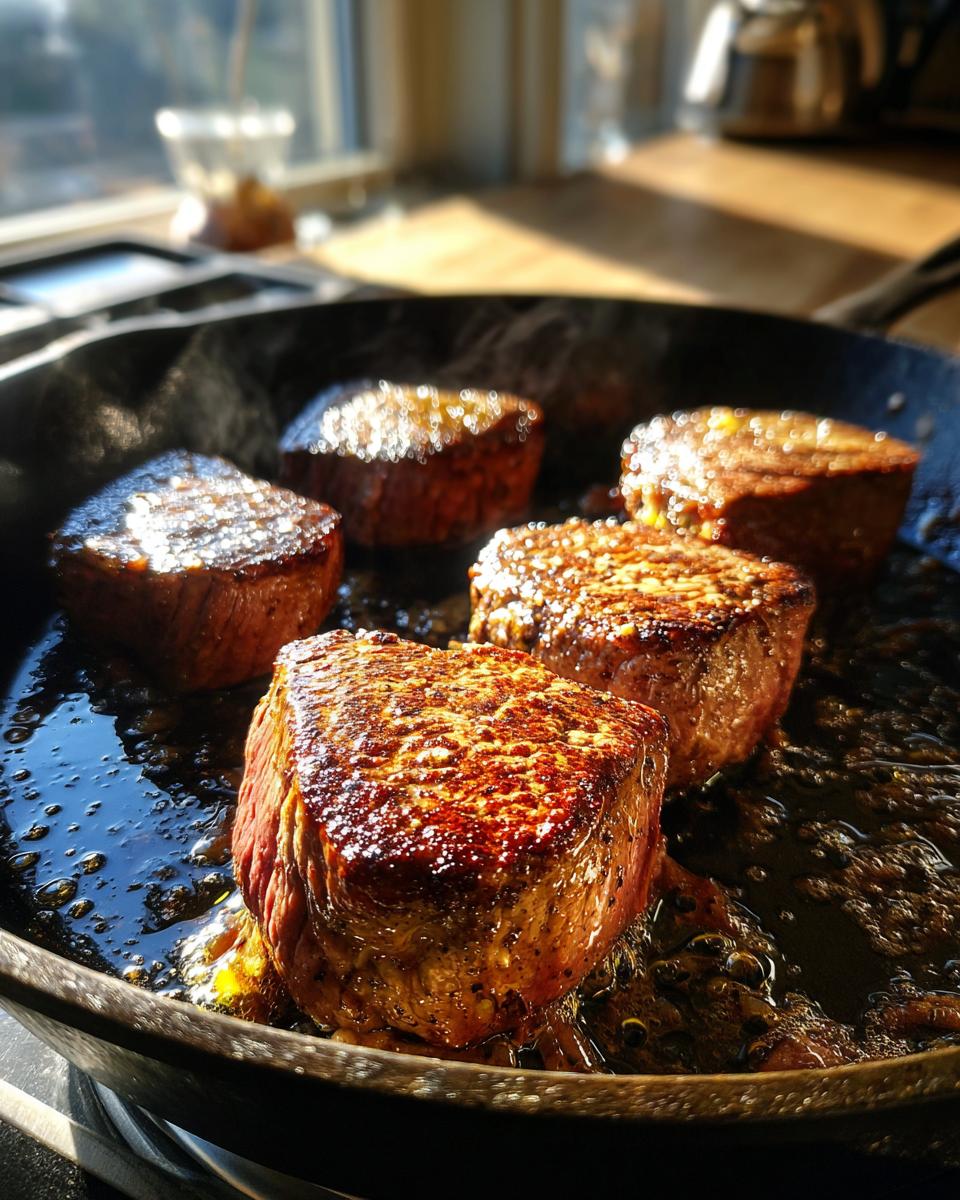 Five thick cuts of steak searing in hot butter/oil in a cast iron skillet, essential for amazing steak crostini.