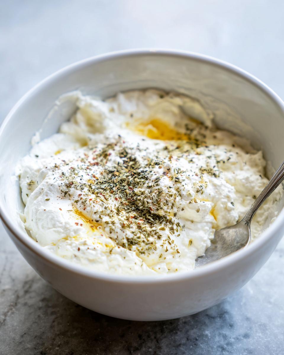 A white bowl filled with creamy cottage cheese, seasoned with herbs and a drizzle of oil, ready for lasagna.