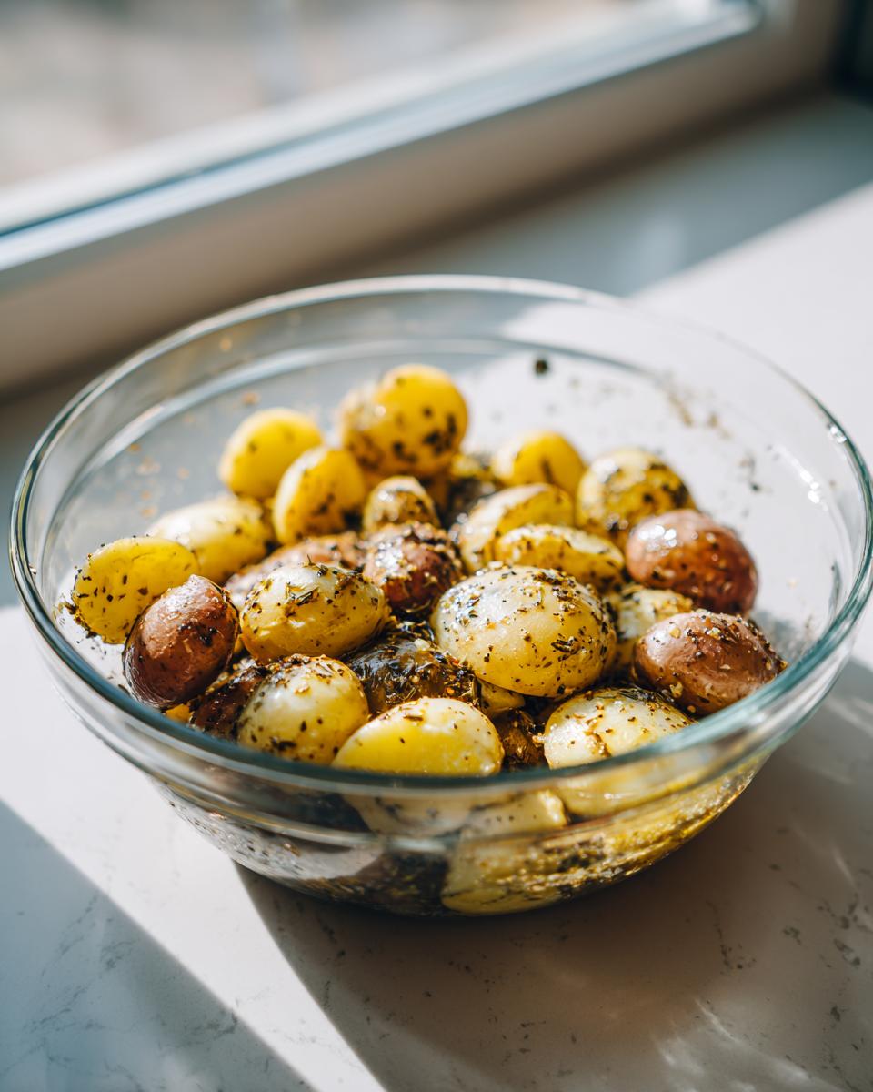 Small, seasoned potatoes marinating in a glass bowl, ready for garlic parmesan chicken and potatoes.