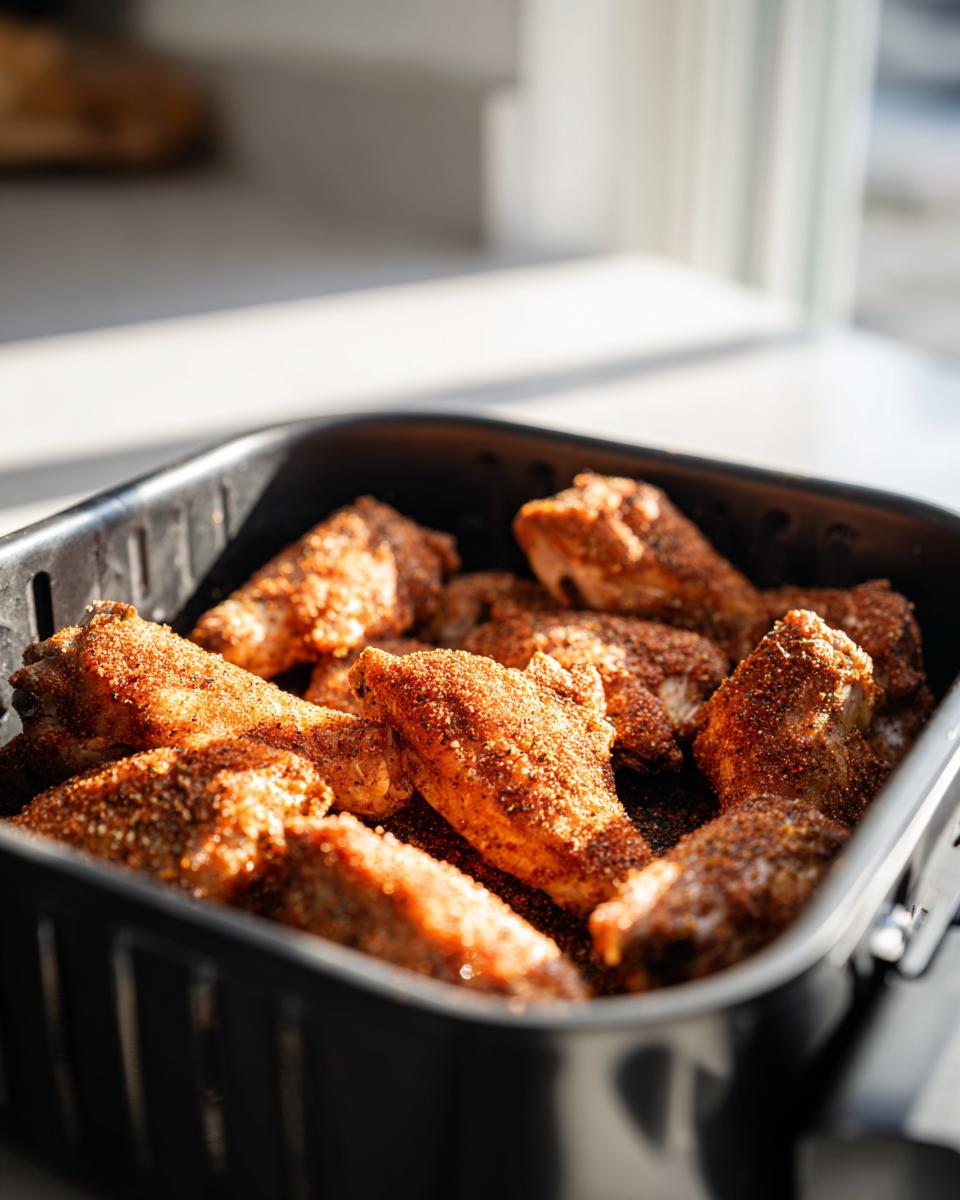 Close-up of seasoned, uncooked chicken wings ready for the air fryer to achieve crispy air fryer chicken wings.