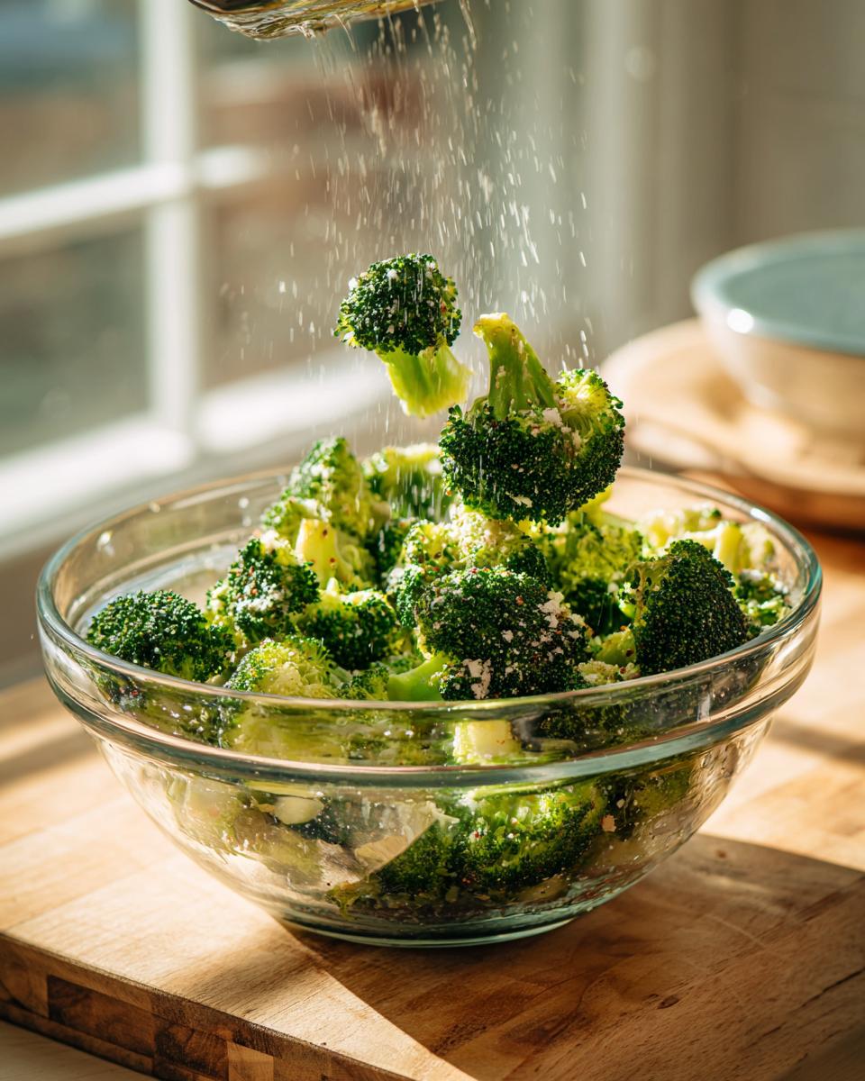 Close-up of fresh broccoli florets in a glass bowl being seasoned, ready for roasted broccoli.