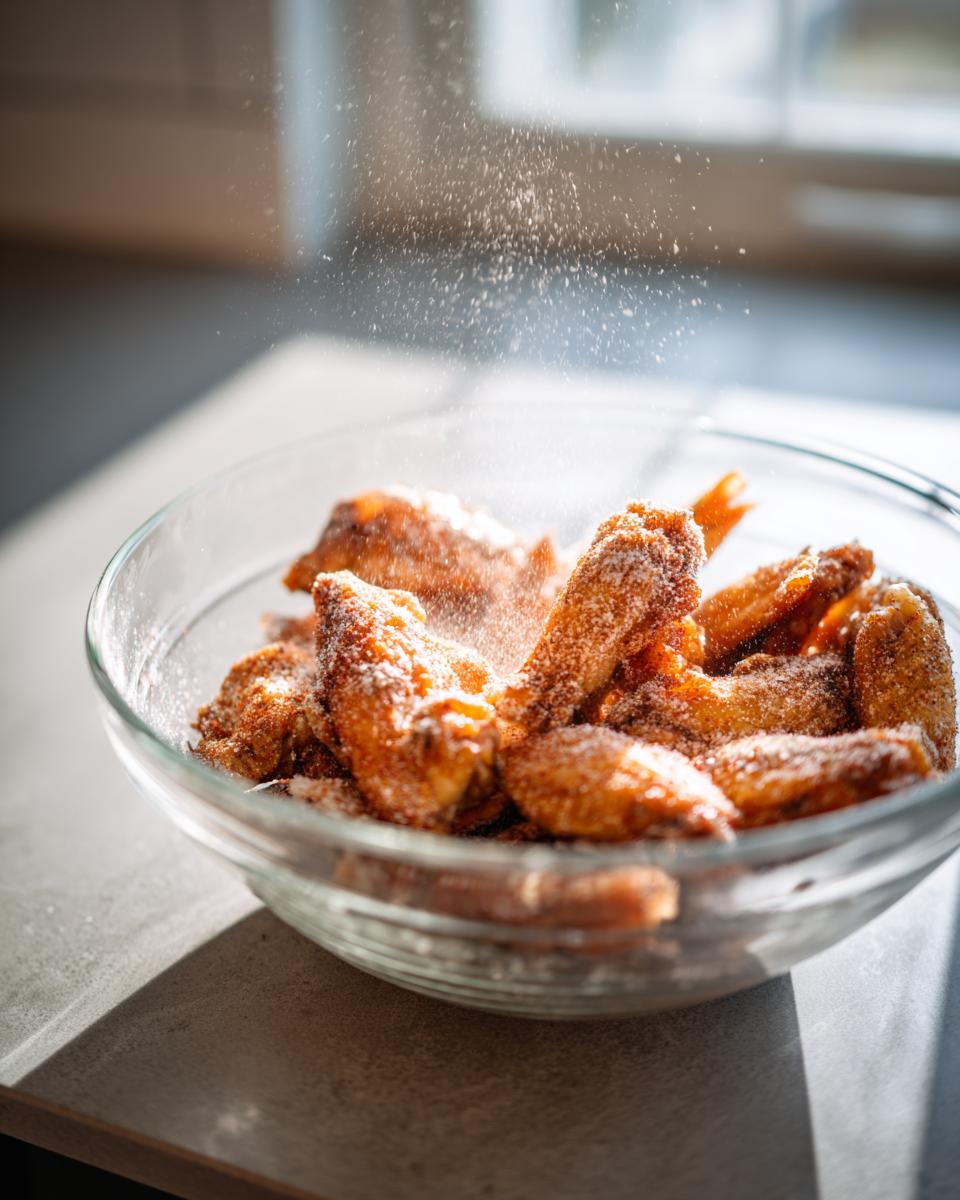 Close-up of golden, crispy air fryer chicken wings being dusted with seasoning in a clear glass bowl.