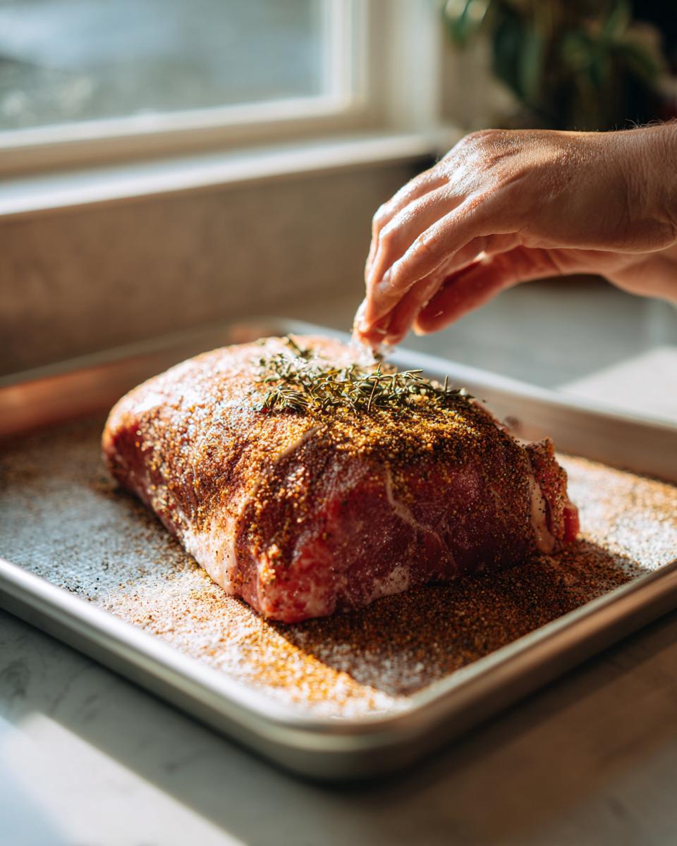 A hand sprinkles herbs onto a raw, heavily seasoned pork loin roast sitting on a metal baking sheet.