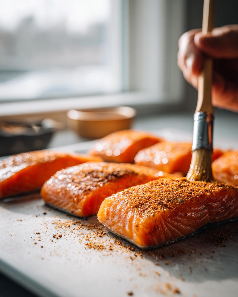 A hand brushes seasoning onto raw salmon fillets, preparing them for cooking.