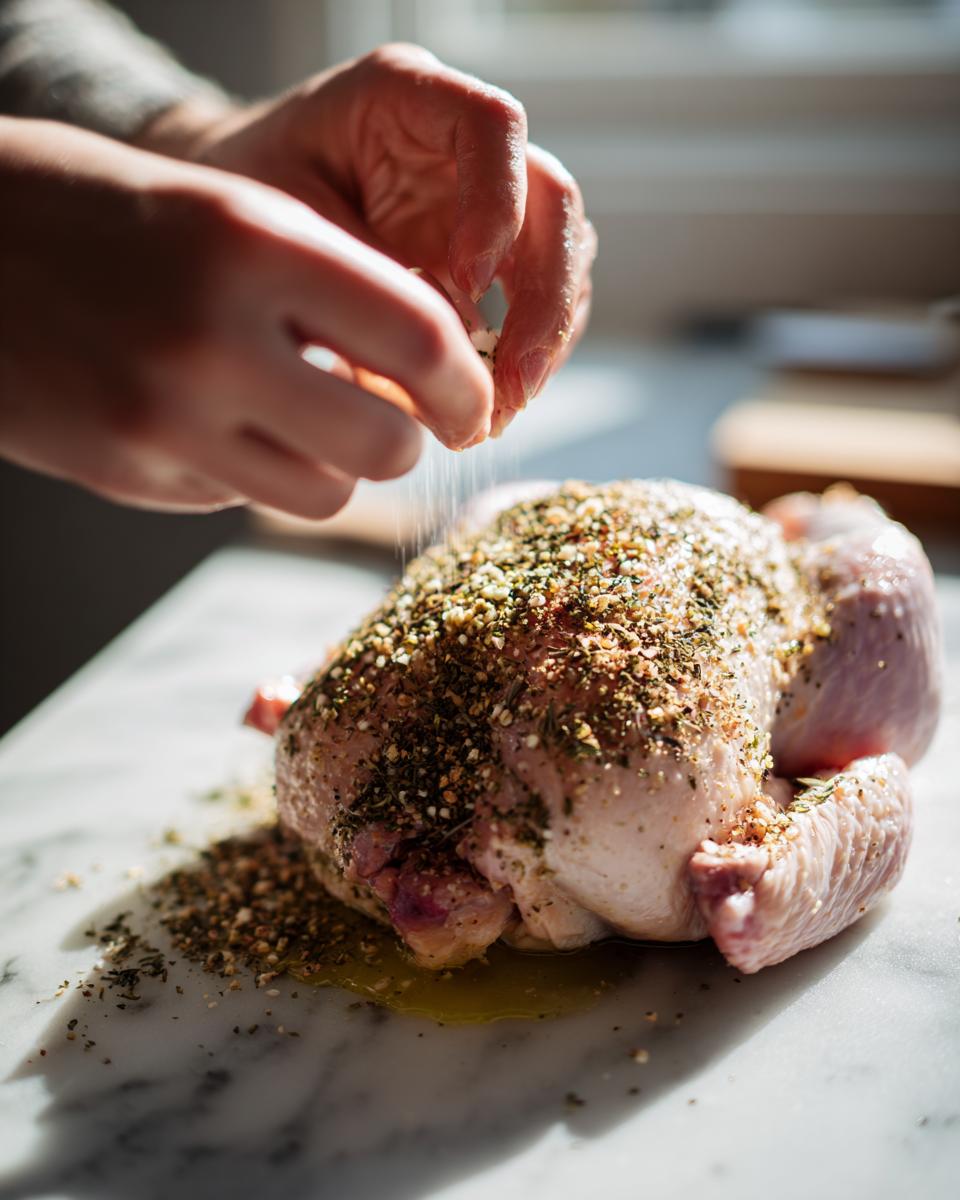 Hands sprinkling herbs and seasoning mix onto a raw turkey breast before making slow cooker turkey breast.