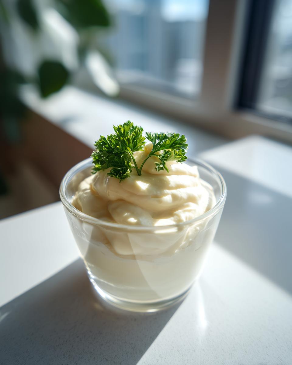 A glass cup filled with rich, creamy homemade mayonnaise, topped with a sprig of fresh parsley.