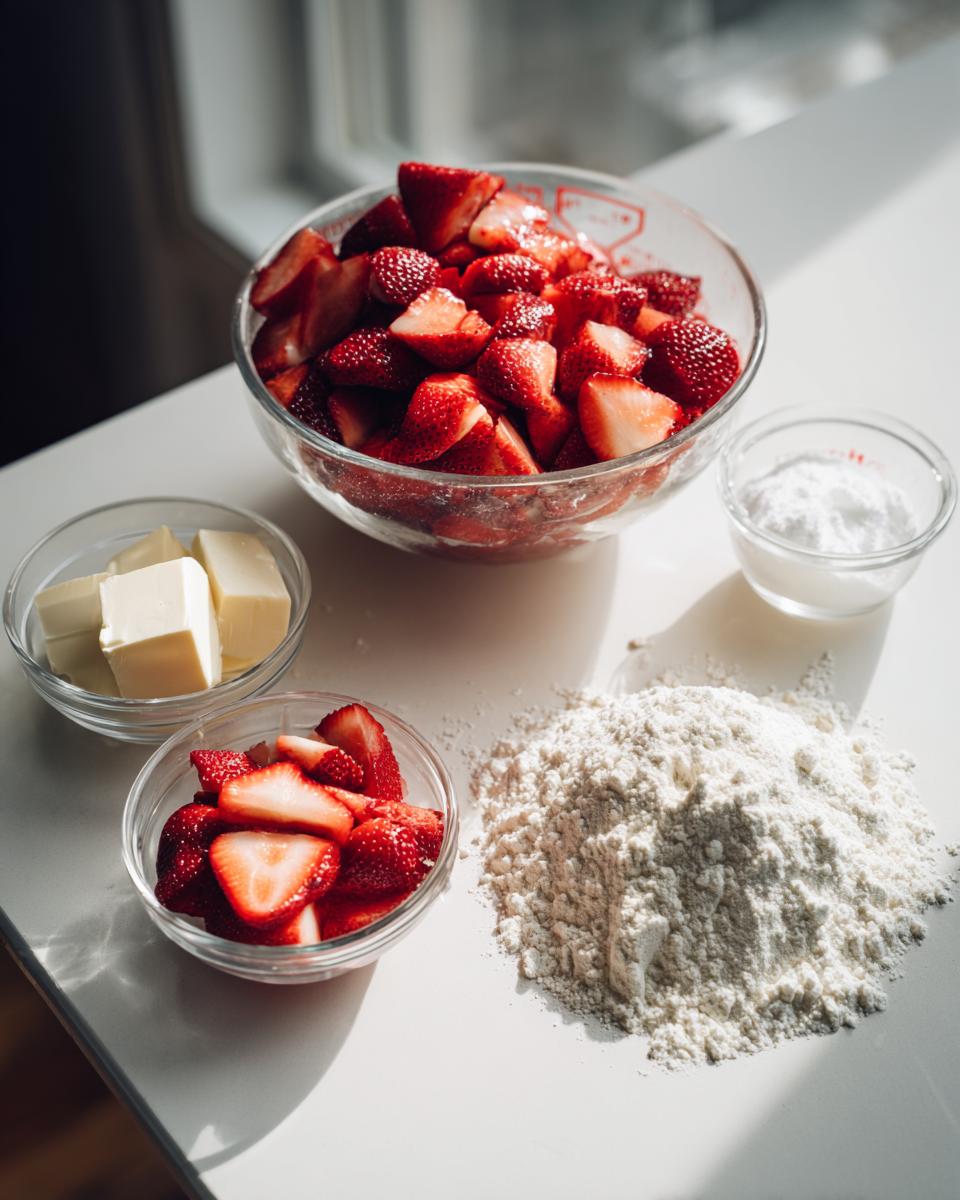 Mise en place ingredients for shortcake, including sliced strawberries, flour, butter, and sugar, displayed on a bright countertop.