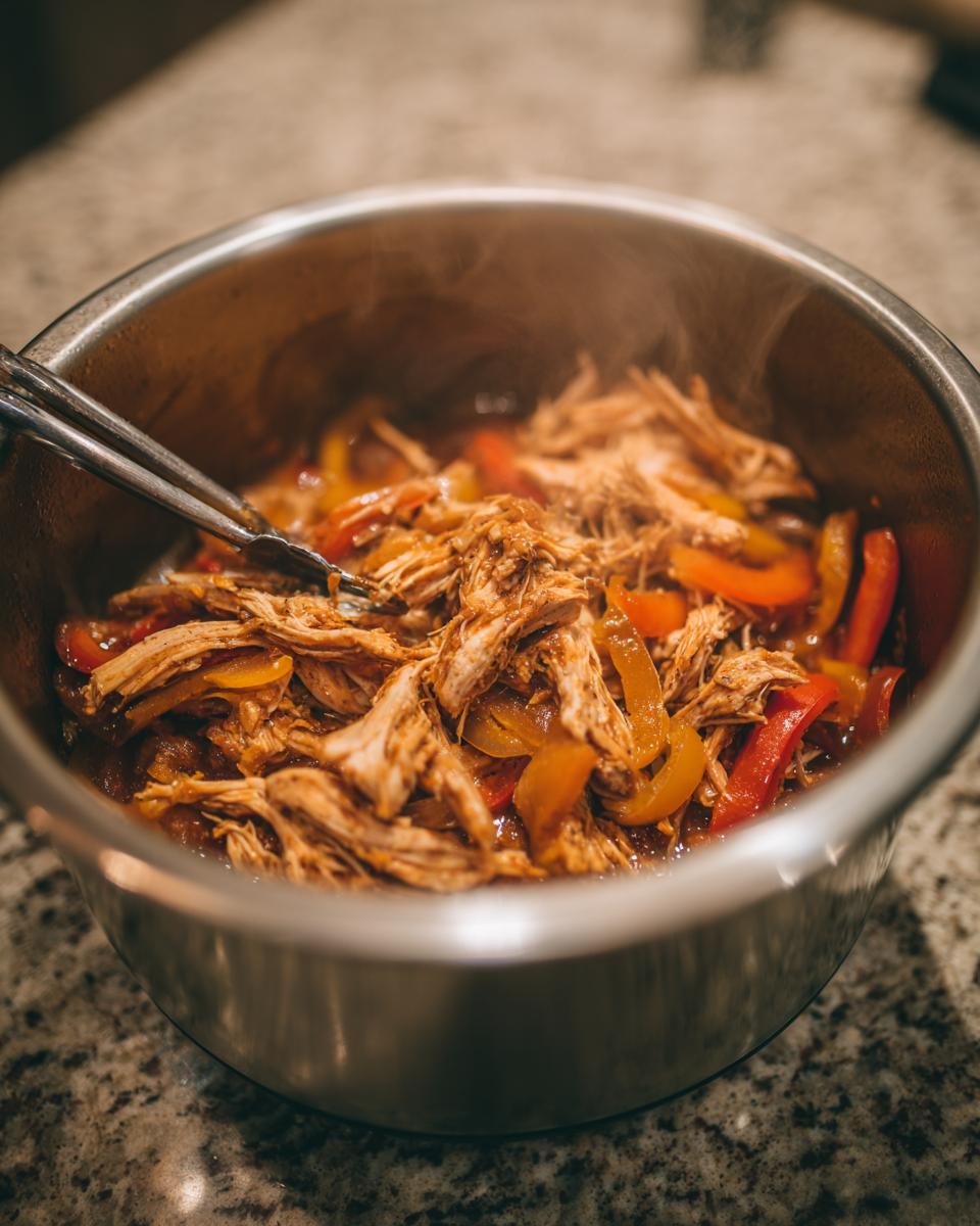 Shredded chicken mixed with sautéed red and yellow peppers in a stainless steel bowl, ready for crockpot chicken fajitas.