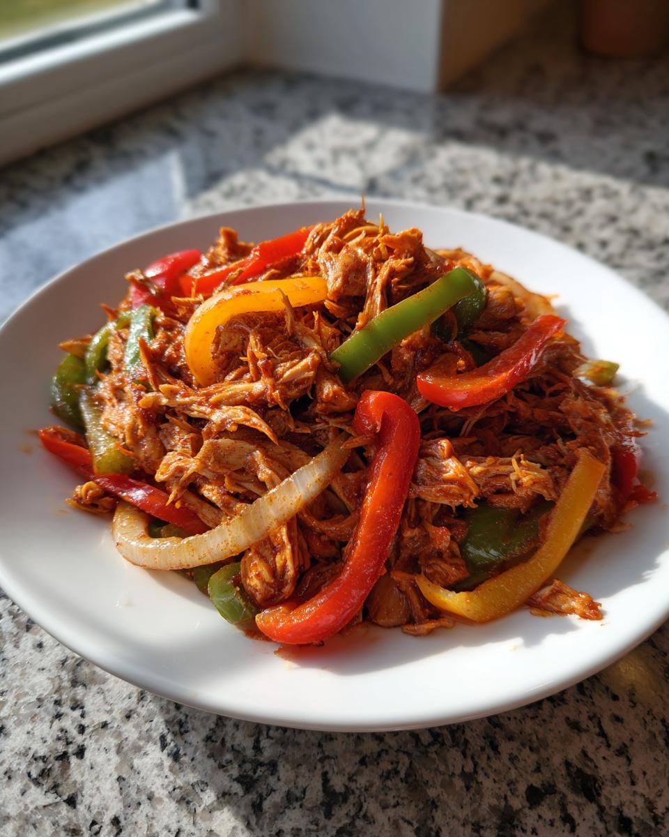 A white plate piled high with seasoned, shredded chicken mixed with colorful bell peppers and onions for crockpot chicken fajitas.
