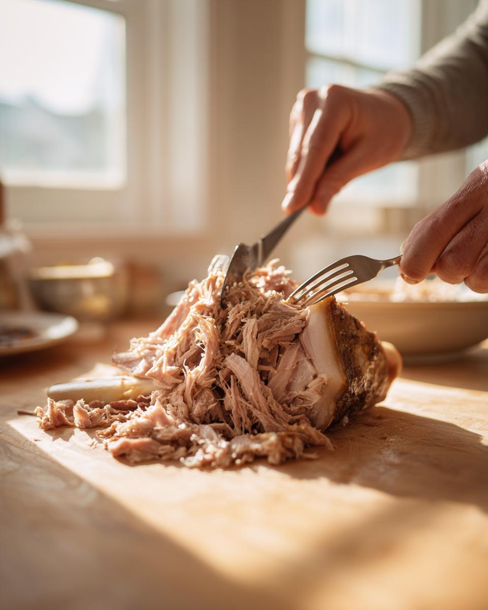 Hands shredding cooked ham with a knife and fork on a wooden cutting board for ham and bean soup.