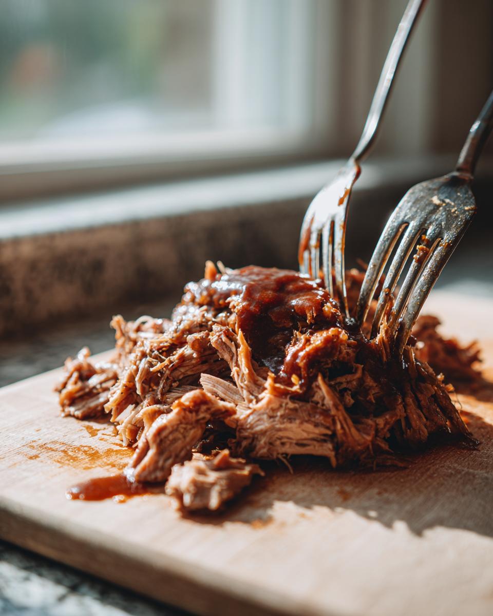 Two forks shredding tender, saucy slow cooker pulled pork on a wooden cutting board.