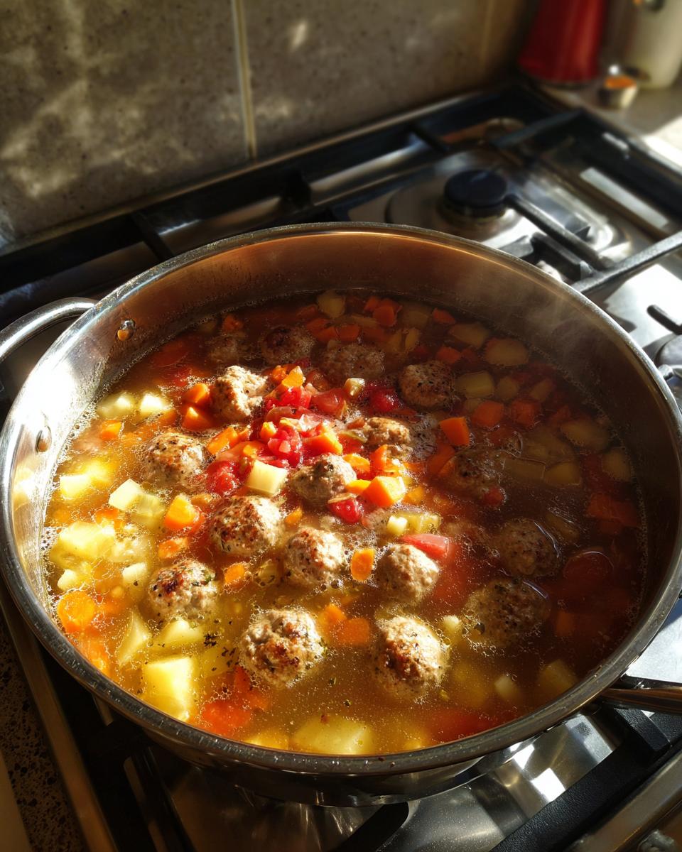 A large stainless steel pot filled with simmering albondigas soup, featuring meatballs, diced carrots, potatoes, and tomatoes in broth.