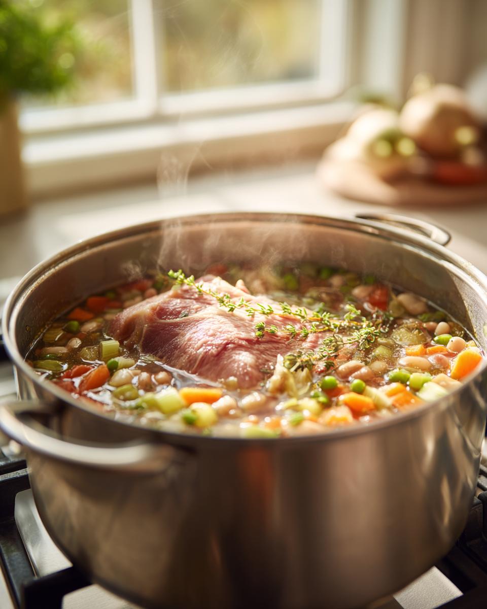 A large stainless steel pot simmering on the stove, filled with Ham and bean soup ingredients including a ham hock, beans, carrots, and celery.