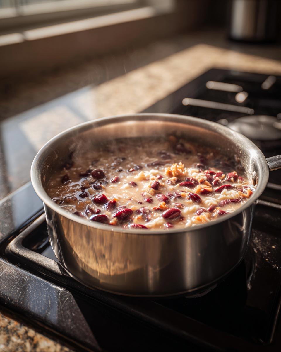 A stainless steel pot simmering red peas and rice on a stovetop, a classic side for Jamaican Jerk Chicken.