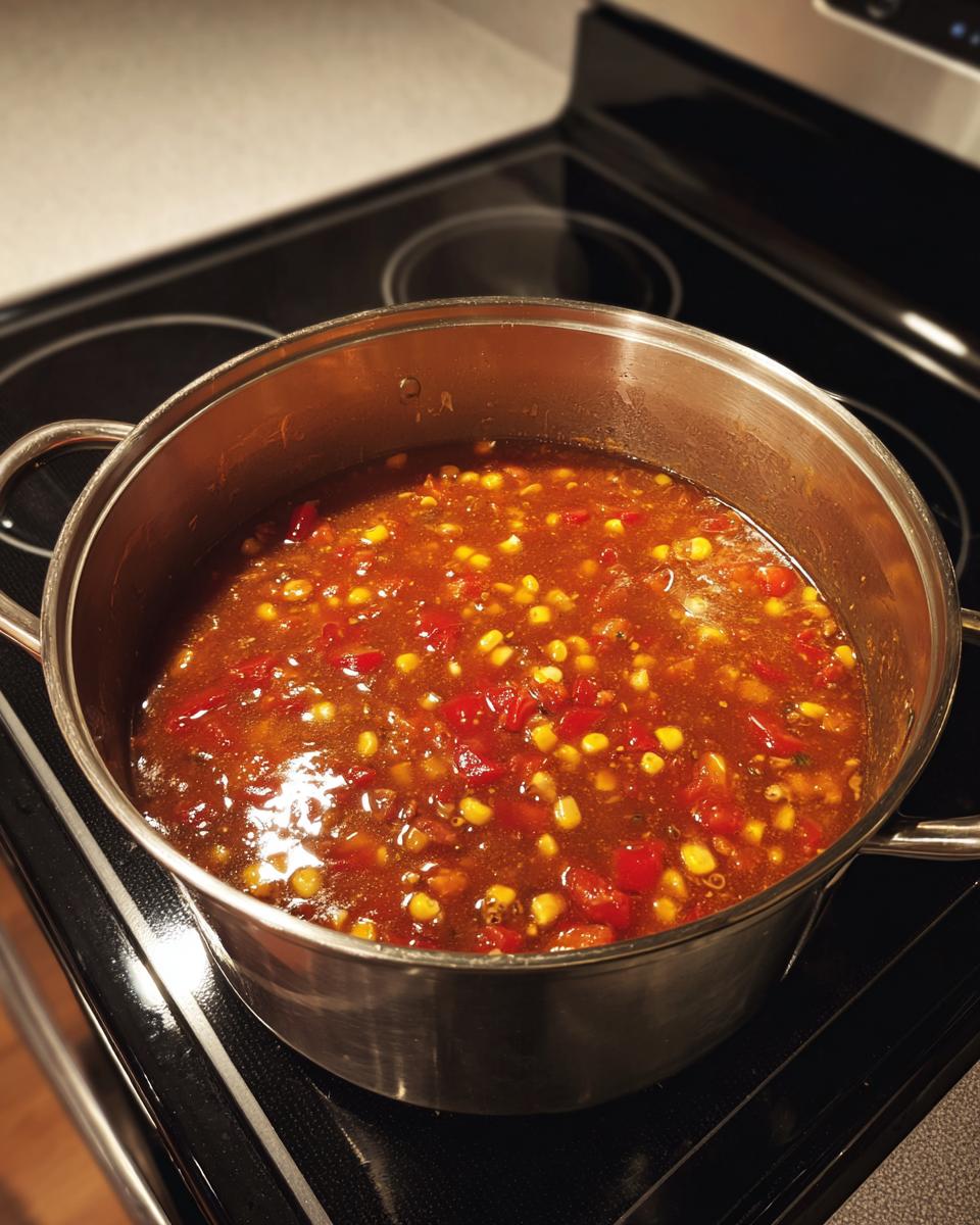 A stainless steel pot filled with simmering, rich red tortilla soup recipe, visible with chunks of tomato and corn kernels.