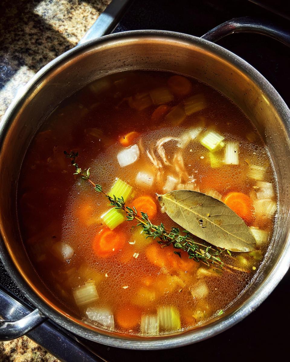 Overhead view of simmering turkey soup in a stainless steel pot, featuring carrots, celery, and fresh herbs like thyme and a bay leaf.
