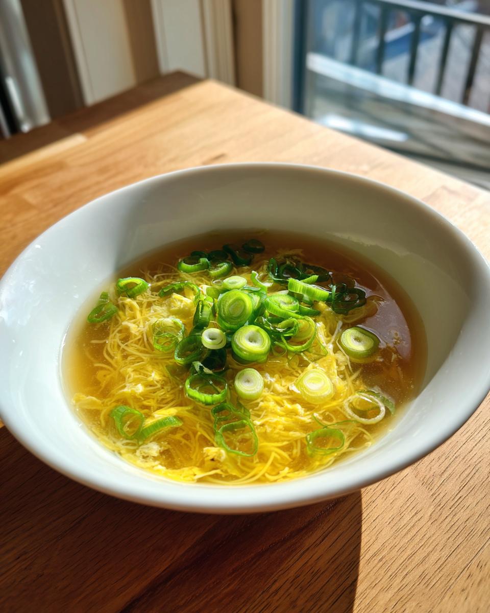A white bowl filled with homemade egg drop soup, featuring wispy egg ribbons and topped with fresh green scallions.