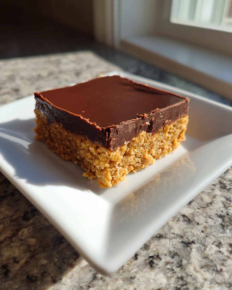 A single square of rich peanut butter bars topped with a smooth layer of dark chocolate, served on a white dish.