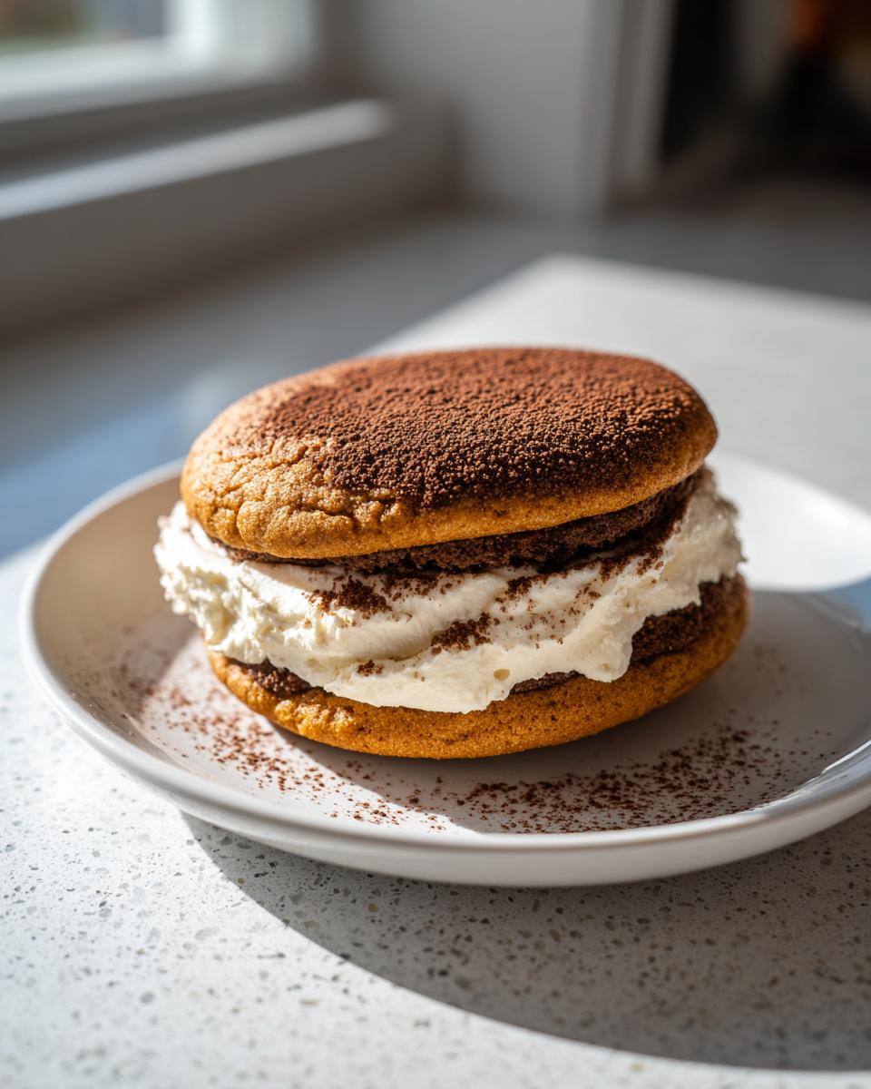 A close-up of one delicious tiramisu cookies sandwich filled with thick cream and dusted with cocoa powder.