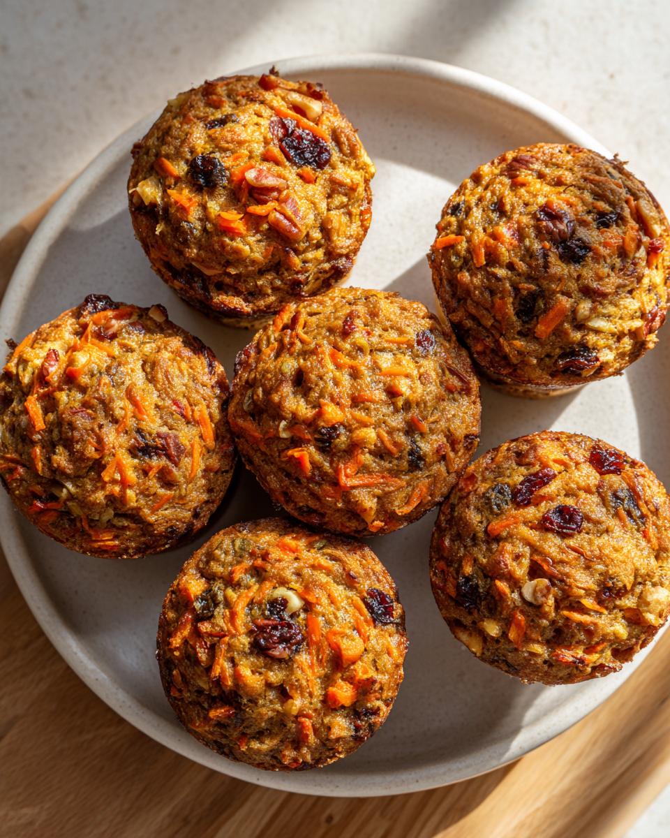 Top-down view of six freshly baked morning glory muffins loaded with shredded carrots, nuts, and dried fruit on a light plate.