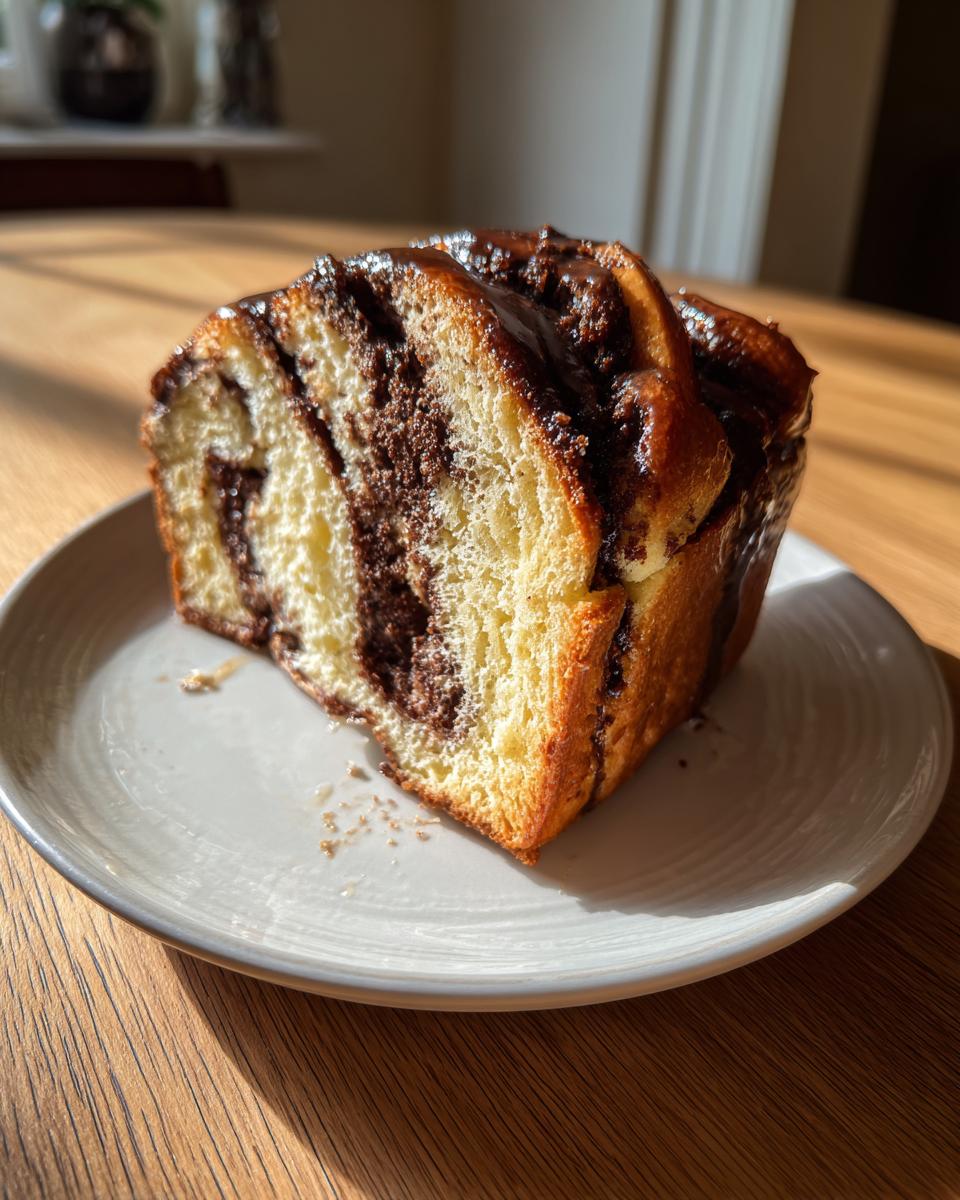 Close-up of a moist slice of chocolate babka showing rich chocolate swirls and a shiny glaze on top.