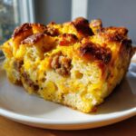 A close-up of a golden-brown slice of christmas breakfast casserole featuring bread, sausage crumbles, and melted cheddar cheese.