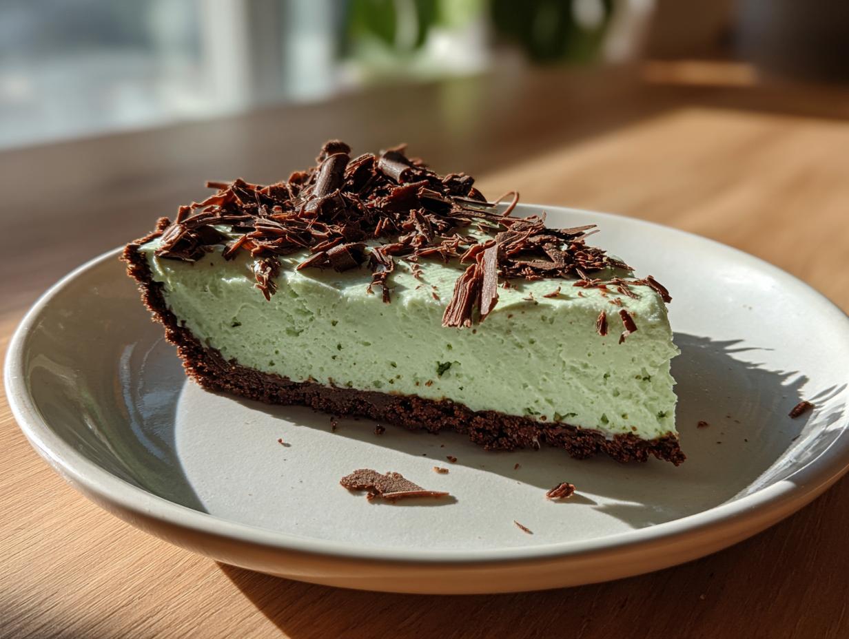 A close-up of a slice of light green grasshopper pie with a dark chocolate crust, topped with chocolate shavings.