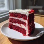 A tall, moist slice of red velvet cake with three layers of deep red cake and thick white cream cheese frosting.