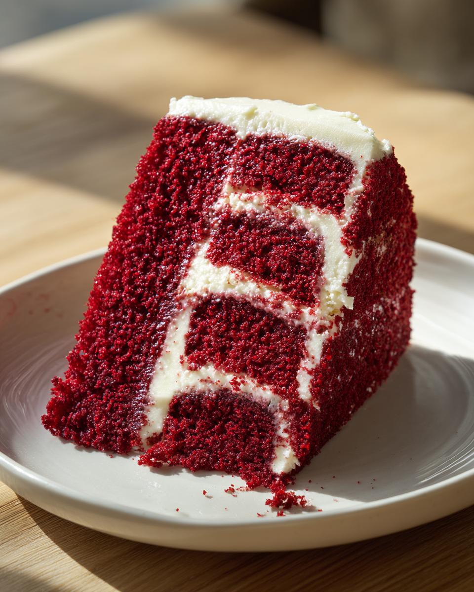 Close-up of a moist slice of red velvet cake showing three layers separated by thick cream cheese frosting.