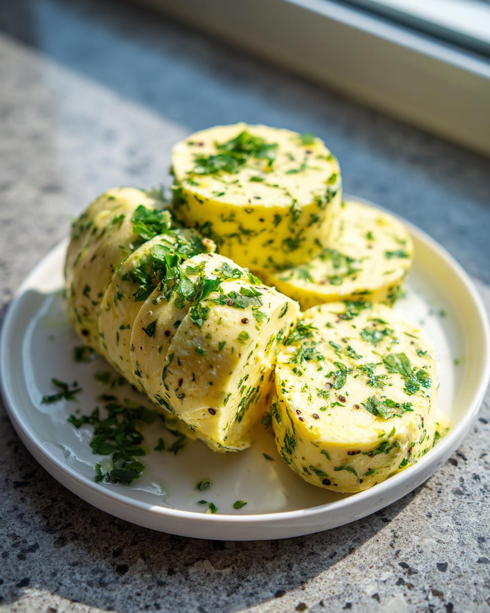 Slices of homemade garlic butter mixed with green herbs and spices arranged on a white plate.