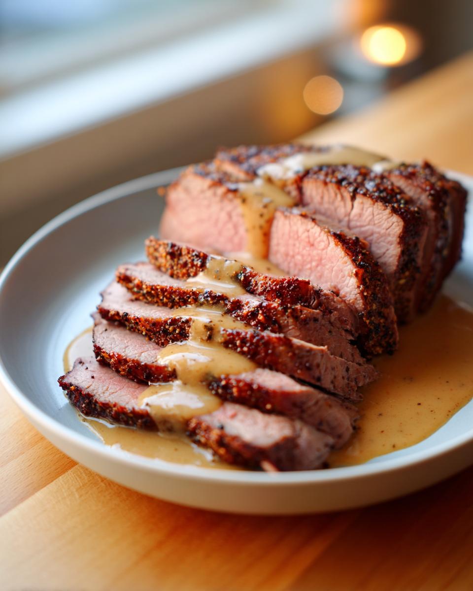 A perfectly cooked, medium-rare pork loin roast, sliced and drizzled generously with creamy brown gravy.