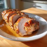 Close-up of a perfectly cooked, sliced pork loin roast resting in its savory pan juices on a white plate.