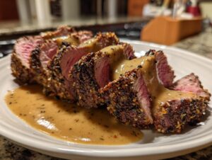 Close-up of a perfectly cooked pork loin roast, sliced and drizzled with savory brown gravy.