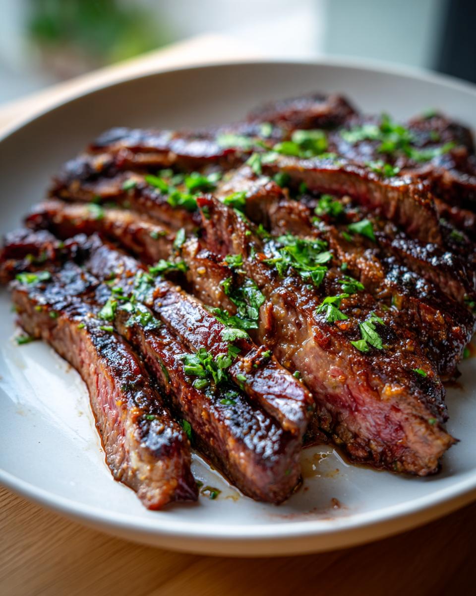 Close-up of perfectly cooked, sliced steak glistening with a rich Carne asada marinade glaze and topped with fresh cilantro.