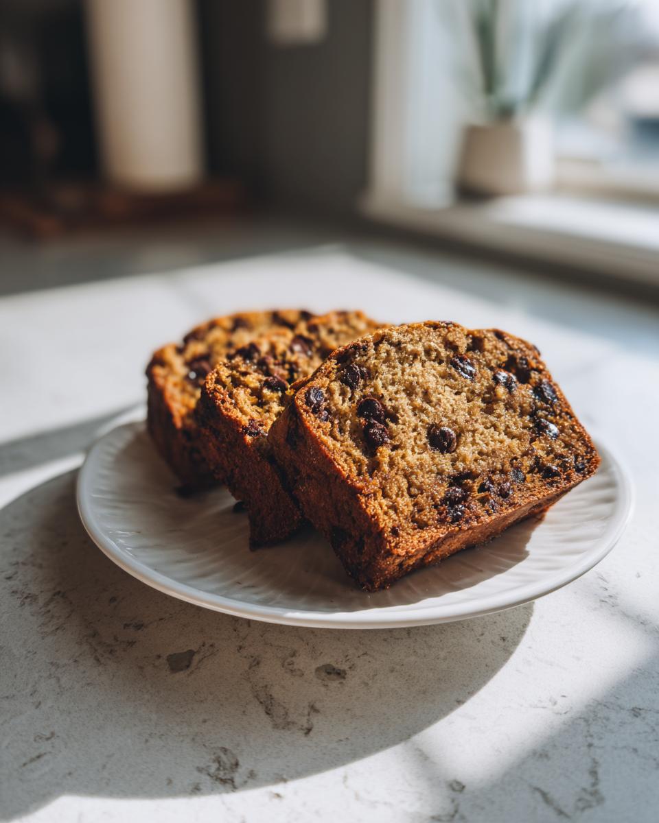 Three slices of moist greek yogurt banana bread studded with chocolate chips resting on a white plate.