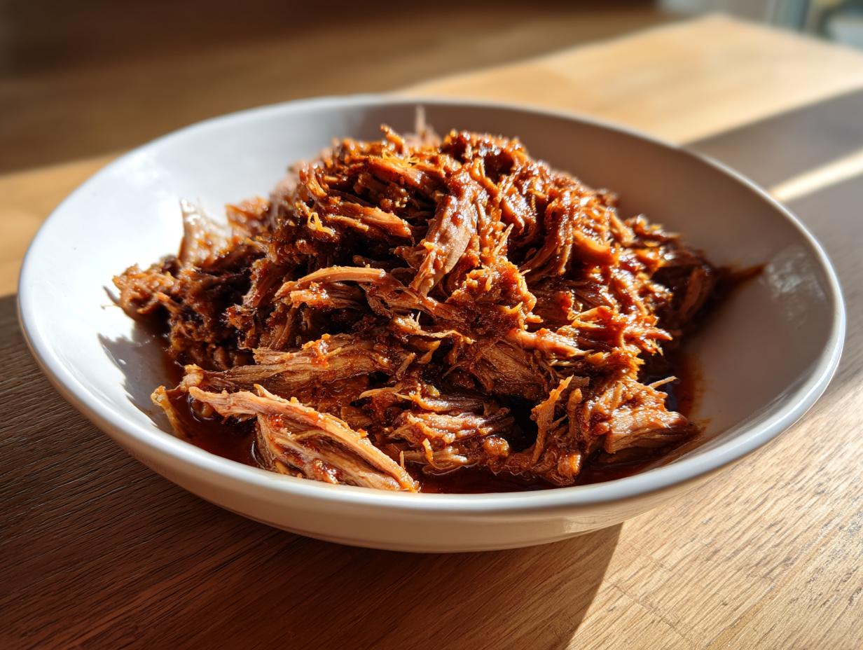 A white bowl filled with shredded, saucy Slow Cooker Pulled Pork, highlighted by sunlight.