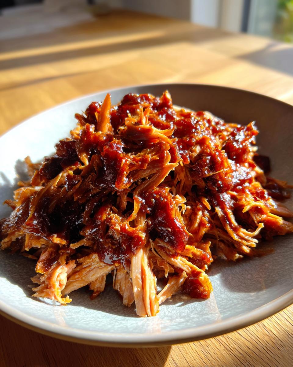 A close-up shot of tender, shredded Slow Cooker Pulled Pork generously coated in dark barbecue sauce.