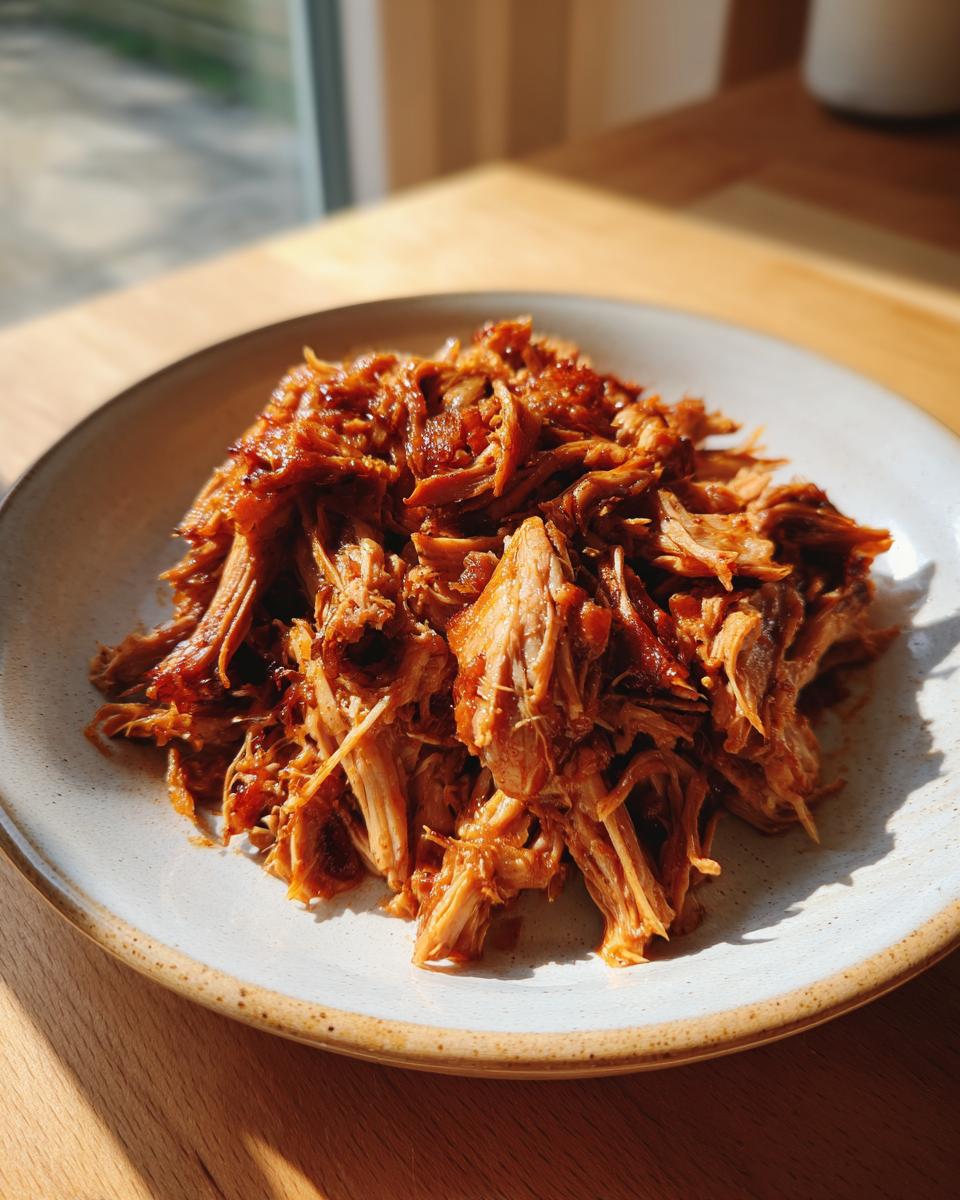 A mound of saucy, shredded Slow Cooker Pulled Pork piled high on a light-colored ceramic plate.