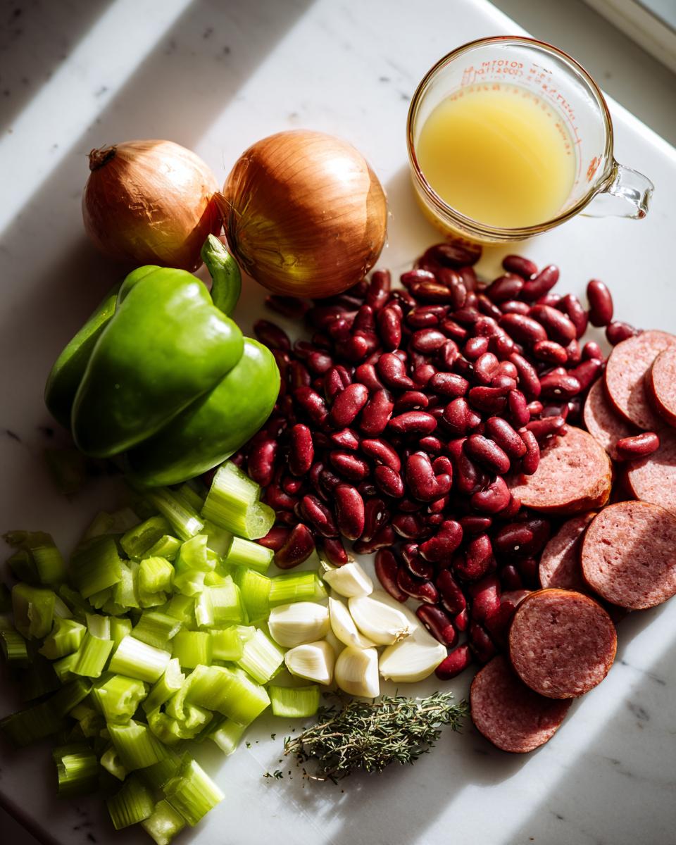 Mise en place ingredients including red beans, sausage, onion, celery, and garlic for slow cooker red beans and rice.
