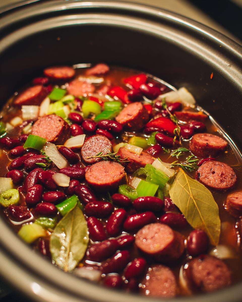 Close-up of uncooked ingredients for slow cooker red beans and rice, including sausage, kidney beans, celery, and bay leaves.