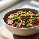 Close-up of a bowl of creamy slow cooker red beans and rice topped with sliced andouille sausage and green onions.