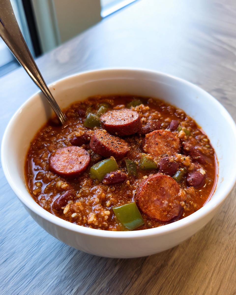 Close-up of a white bowl filled with rich slow cooker red beans and rice, topped with sliced smoked sausage and green peppers.