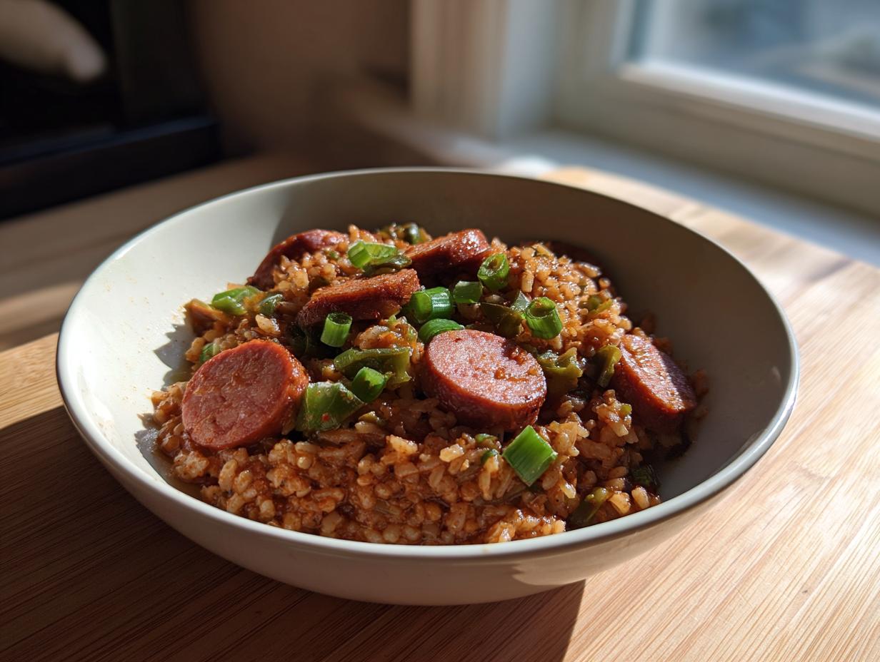 A bowl of flavorful slow cooker red beans and rice topped with sliced smoked sausage and green onions.
