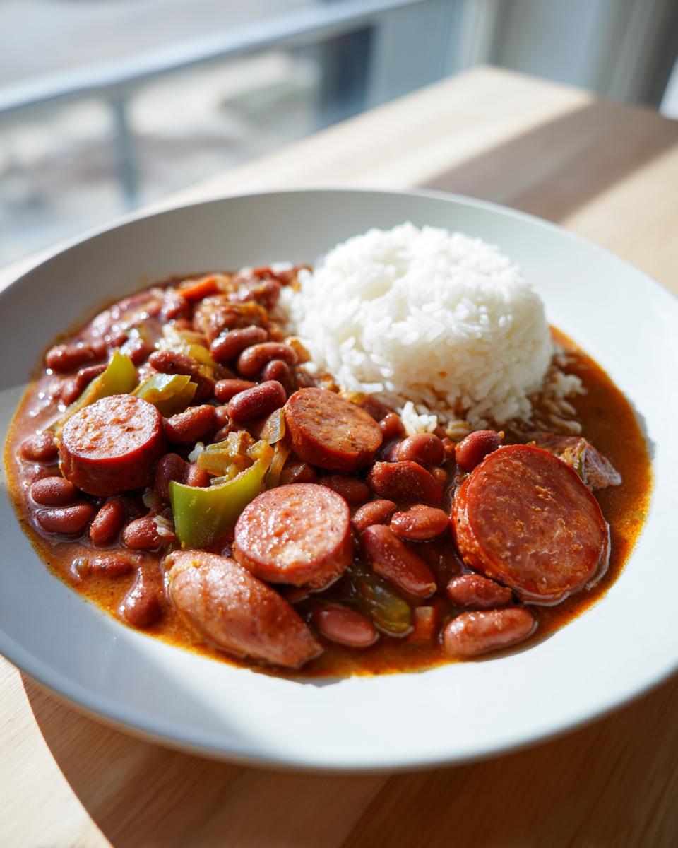 A white bowl filled with slow cooker red beans and rice, featuring sliced sausage and green peppers.