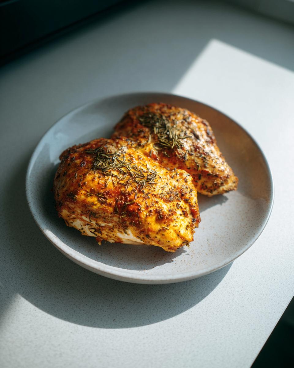 Two seasoned, cooked halves of slow cooker turkey breast resting on a light gray plate.