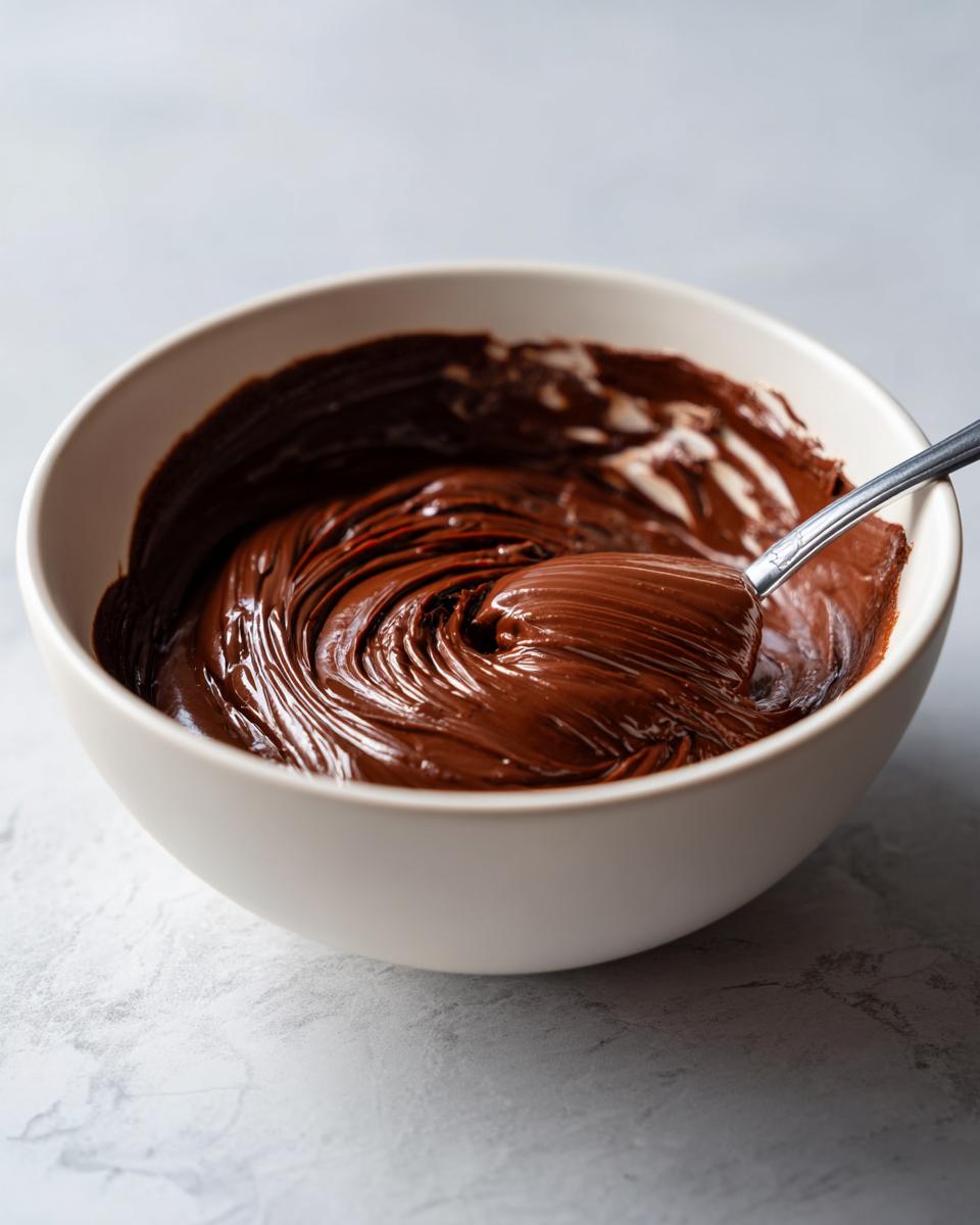 Close-up of rich, smooth chocolate mixture being stirred in a white bowl for making fudge.