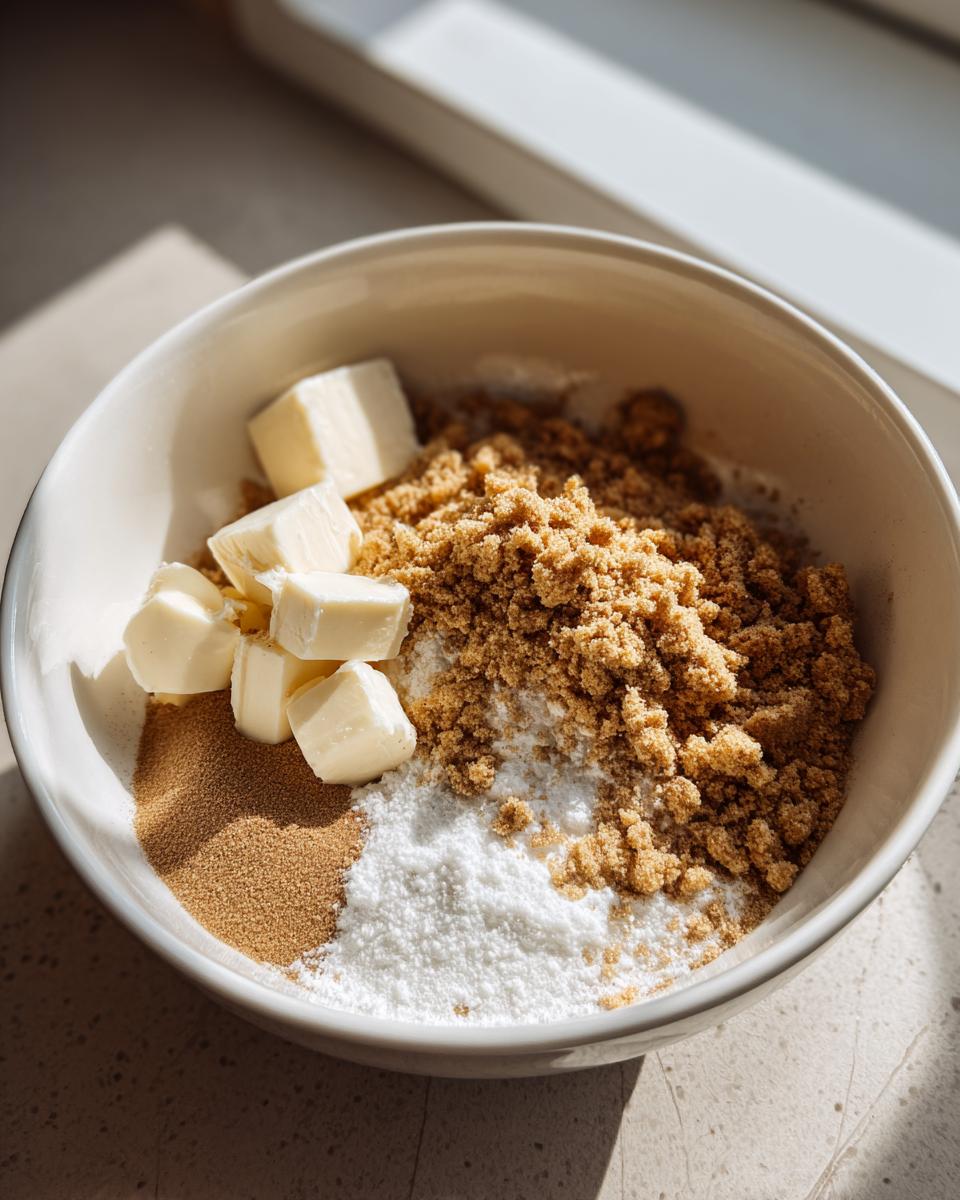 Bowl of ingredients including butter cubes, brown sugar, and white sugar for a snickerdoodle cheesecake recipe.