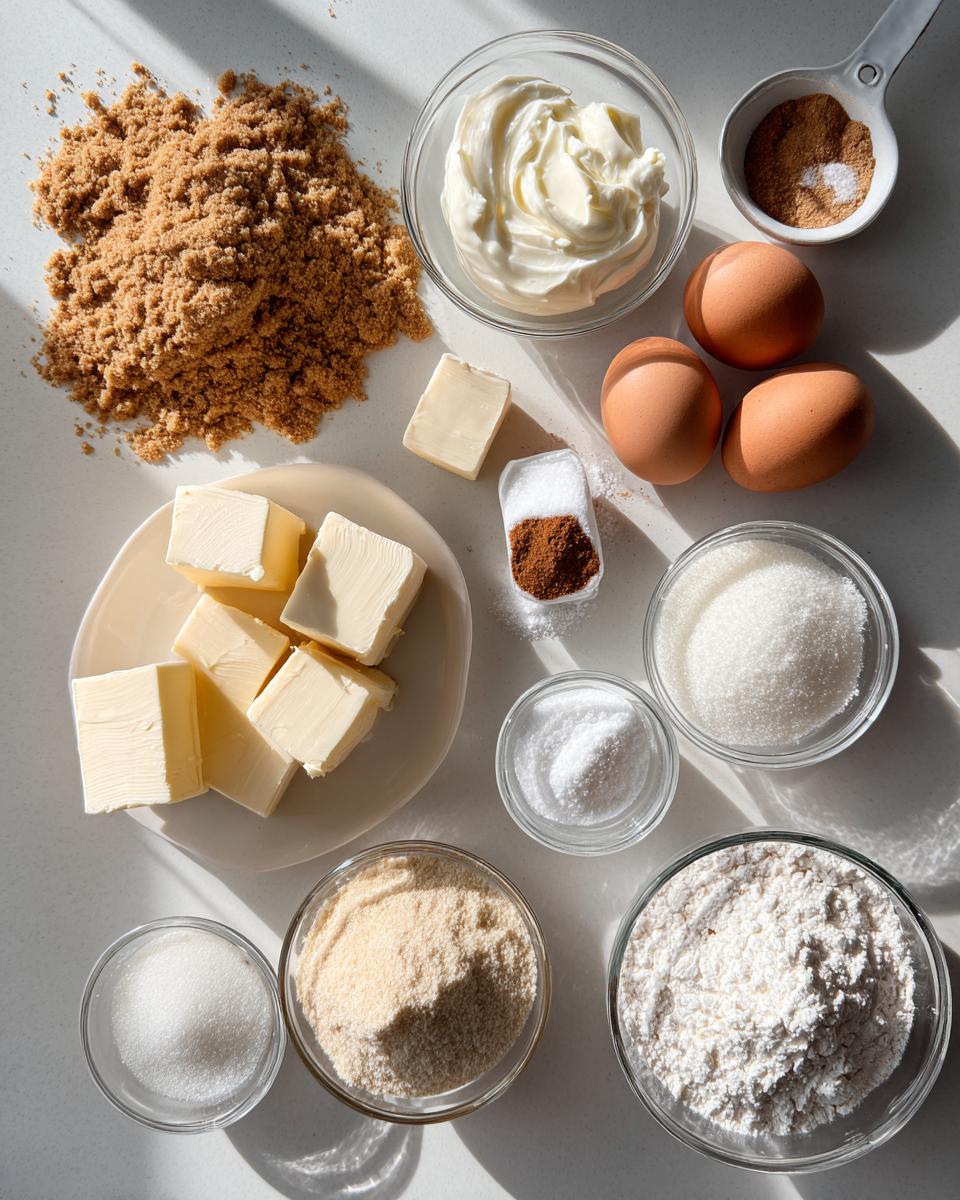 Overhead shot of ingredients laid out for snickerdoodle cheesecake, including butter, brown sugar, cream cheese, eggs, flour, and spices.