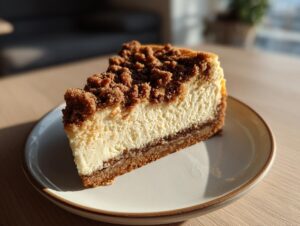 A close-up of a rich slice of snickerdoodle cheesecake featuring a creamy center and a thick cinnamon streusel topping.