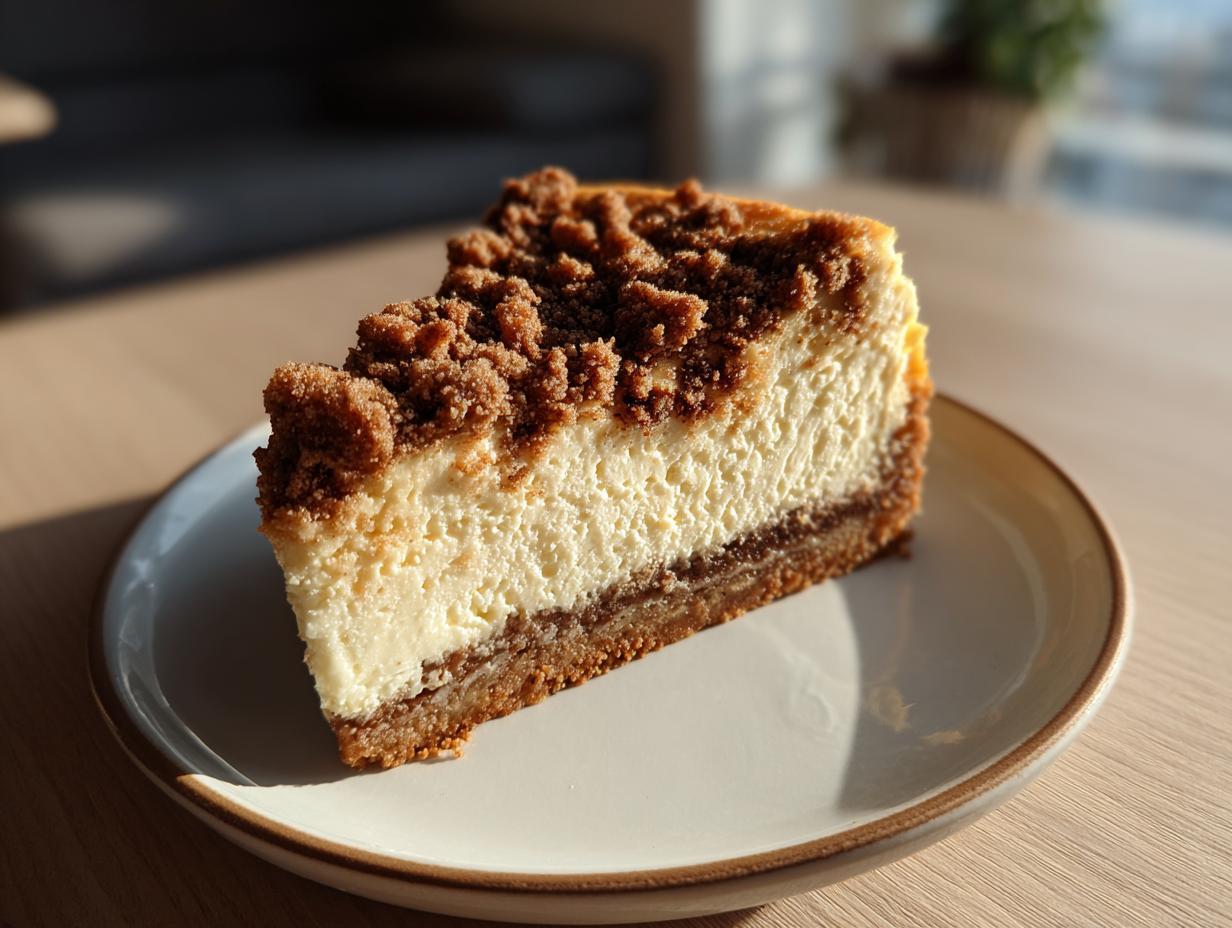 A close-up of a rich slice of snickerdoodle cheesecake featuring a creamy center and a thick cinnamon streusel topping.